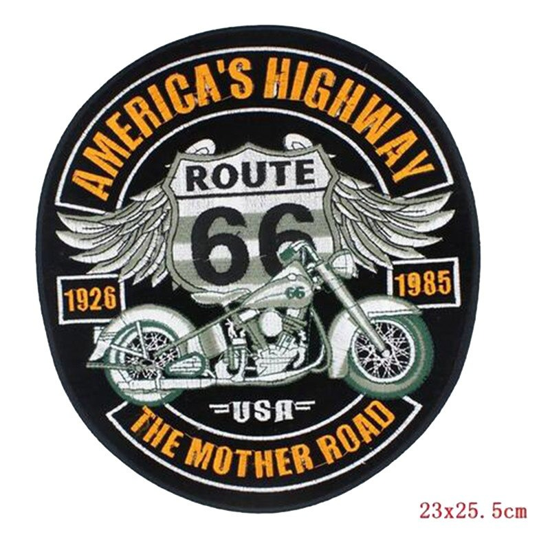 Large embroidered iron-on patch featuring Route 66, biker style accessory for jackets and clothes, America's Highway.