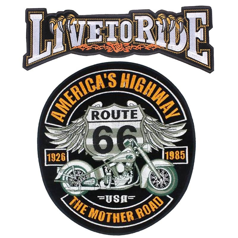 Large embroidered biker patches featuring 'Live to Ride' and 'America's Highway Route 66' designs for jackets.
