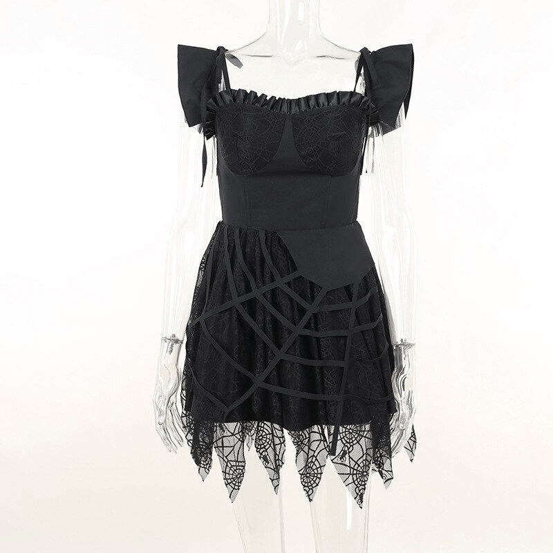 An Extraordinary Black Ruffle Trim Spider Web Dress / Gothic Women's Loose Waist Mini Dress - HARD'N'HEAVY