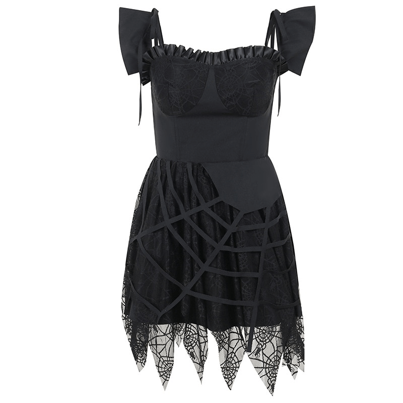 An Extraordinary Black Ruffle Trim Spider Web Dress / Gothic Women's Loose Waist Mini Dress - HARD'N'HEAVY