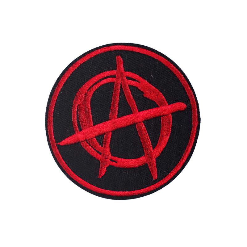 Unisex anarchist symbol patch in red and black, perfect for alternative fashion and rock style outfits.