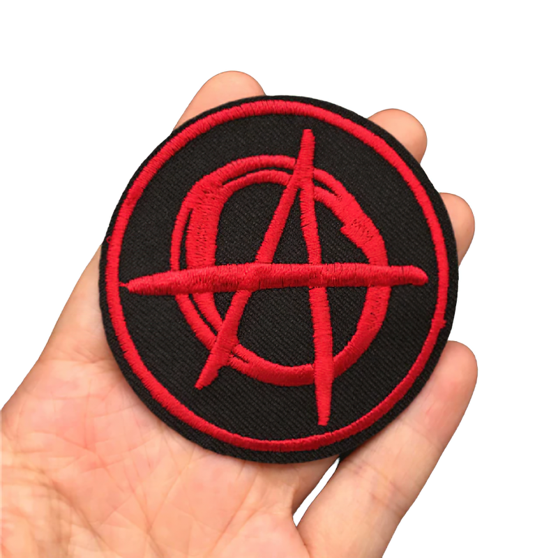 Unisex anarchist symbol patch in red and black, perfect for alternative rock fashion and clothing accessories.