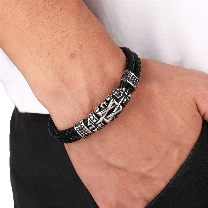 Stylish Ancient Architecture Totem Bracelet for men in genuine leather and stainless steel, showcasing vintage charm.