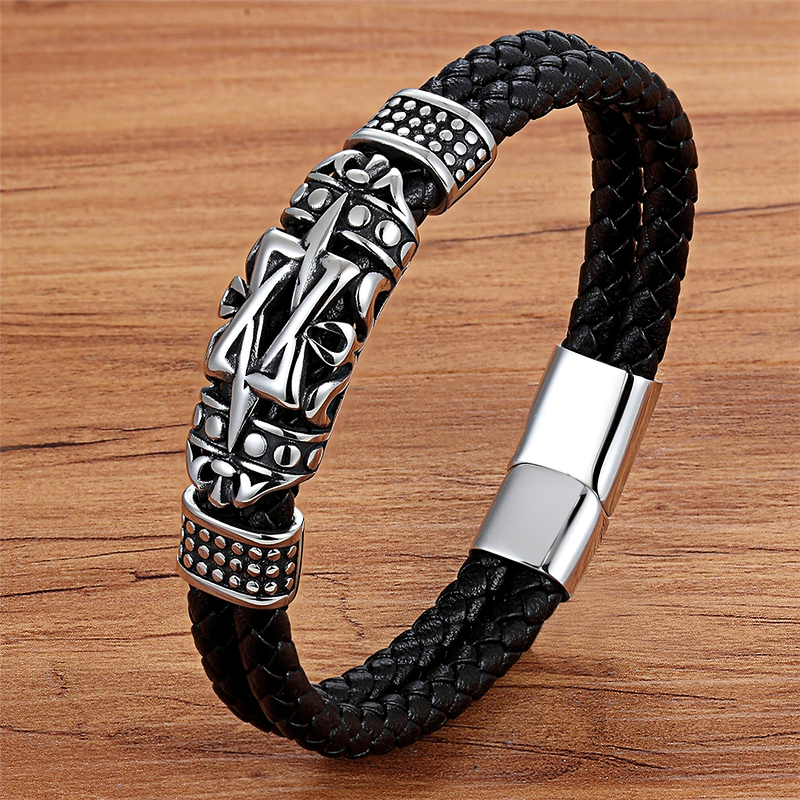 Ancient architecture totem bracelet for men in genuine leather with stainless steel accents.