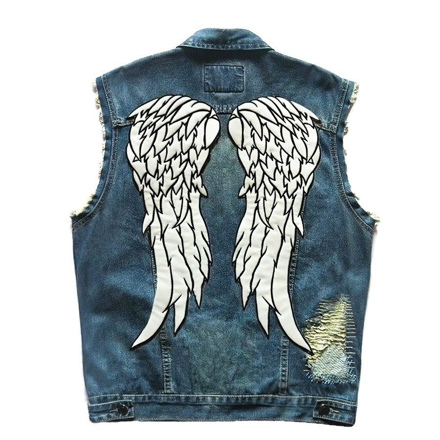 Angel Wings Printed Men's Slim Denim Vest / Single Breasted Sleeveless Jacket for Men - HARD'N'HEAVY