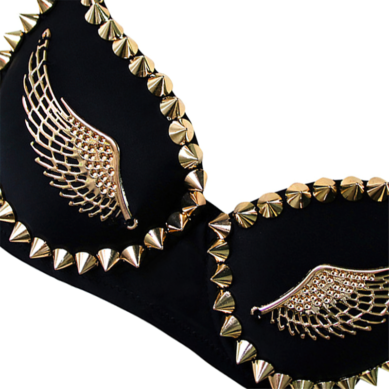 Black spike rivet bra with angel wing designs, perfect for rock style lingerie or cosplay outfits.
