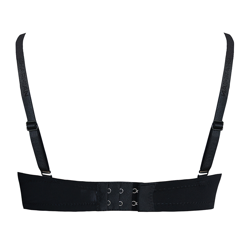 Back view of a sexy black bra featuring adjustable straps and hook-and-eye closure, perfect for rock-inspired style.