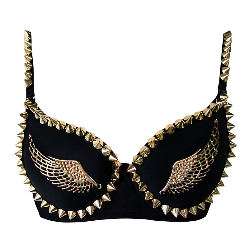 Black spiked bra with golden angel wings, perfect for rock style and cosplay, adding bold flair to any outfit.