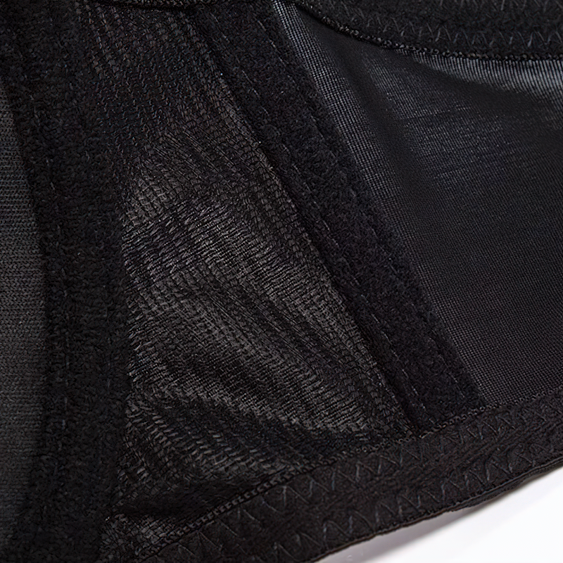 Close-up of a black bra showcasing unique mesh details and stitching, perfect for a sexy rock style look.