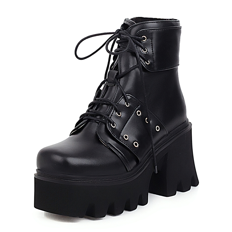 Chunky heel black ankle boots for women, trendy PU leather footwear with laces and high platform soles.