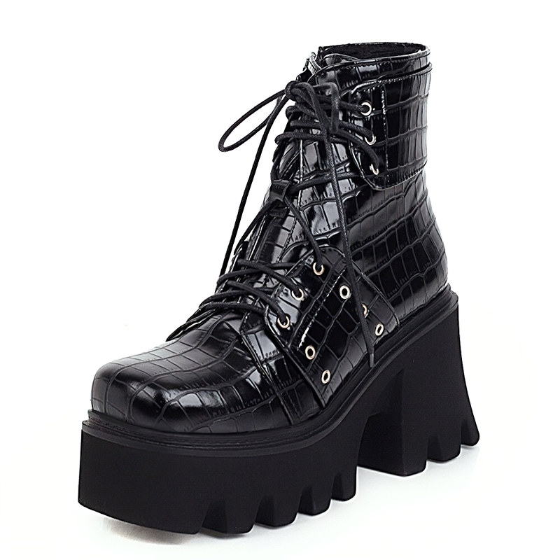 Stylish black chunky heel ankle boots with square toe, made of PU leather and featuring a trendy crocodile texture.