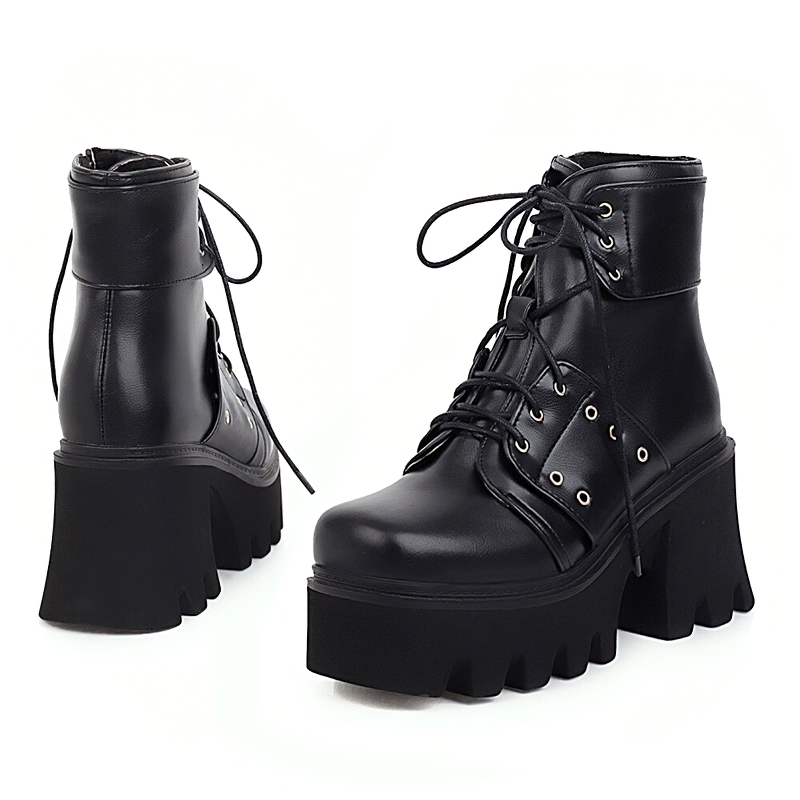 Stylish black ankle boots for women with chunky heel and square toe, featuring laces and high platform soles.