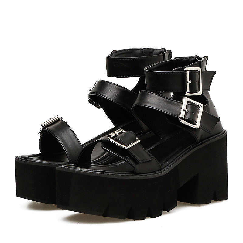 Black ankle strap platform sandals for women with buckles, perfect for alternative fashion and gothic style outfits.
