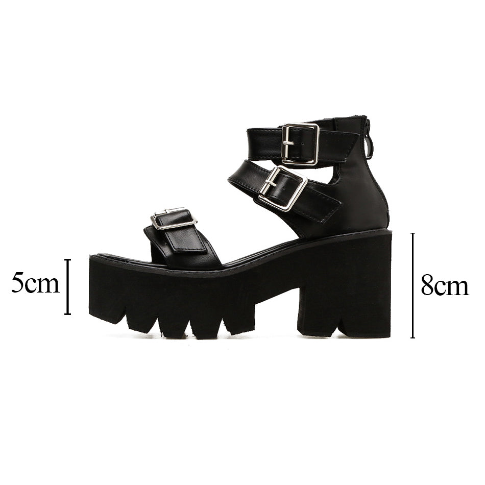Stylish women's ankle strap sandals with thick platform heels, featuring bold Gothic style and adjustable buckles.