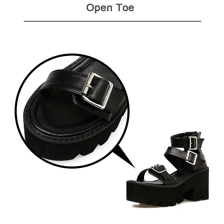 Open toe black ankle strap sandals with thick platform and stylish buckles in alternative fashion.