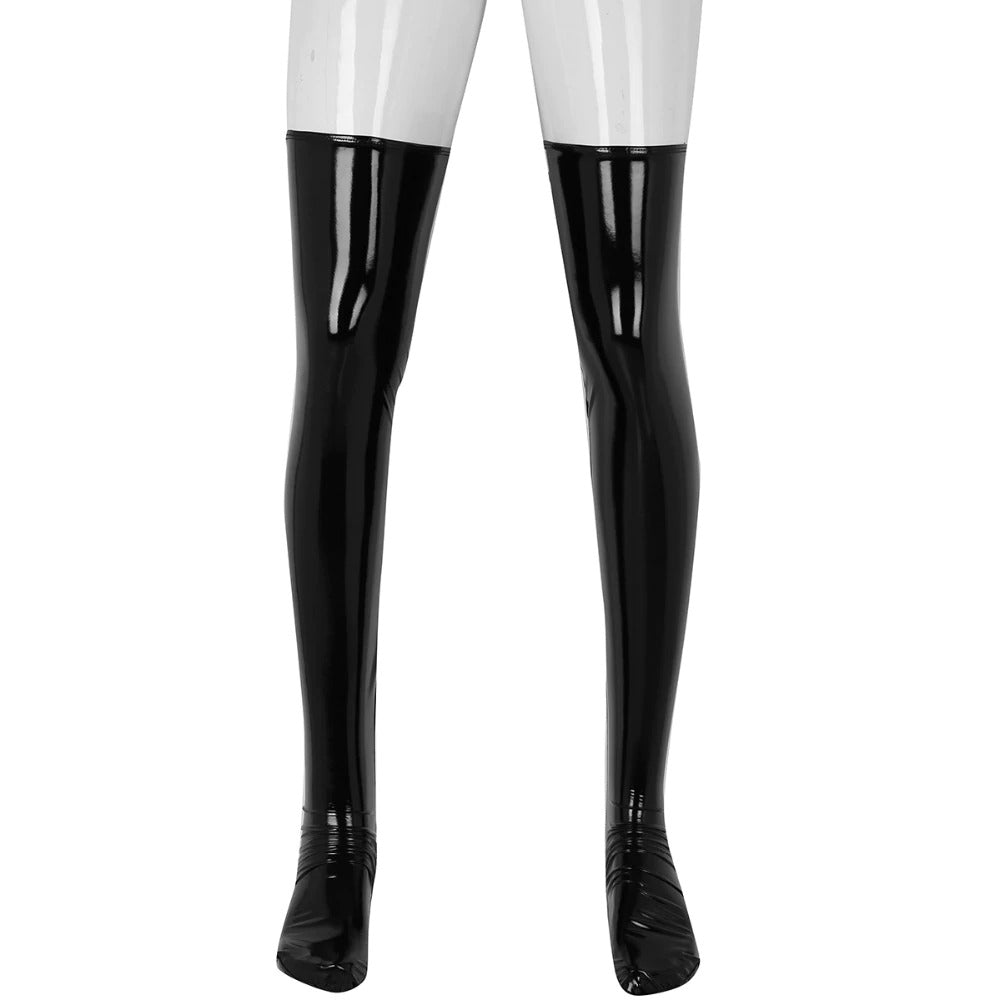 Anti-skid wetlook patent leather stockings, perfect for goth or cosplay fashion, adding a striking flair to any outfit.