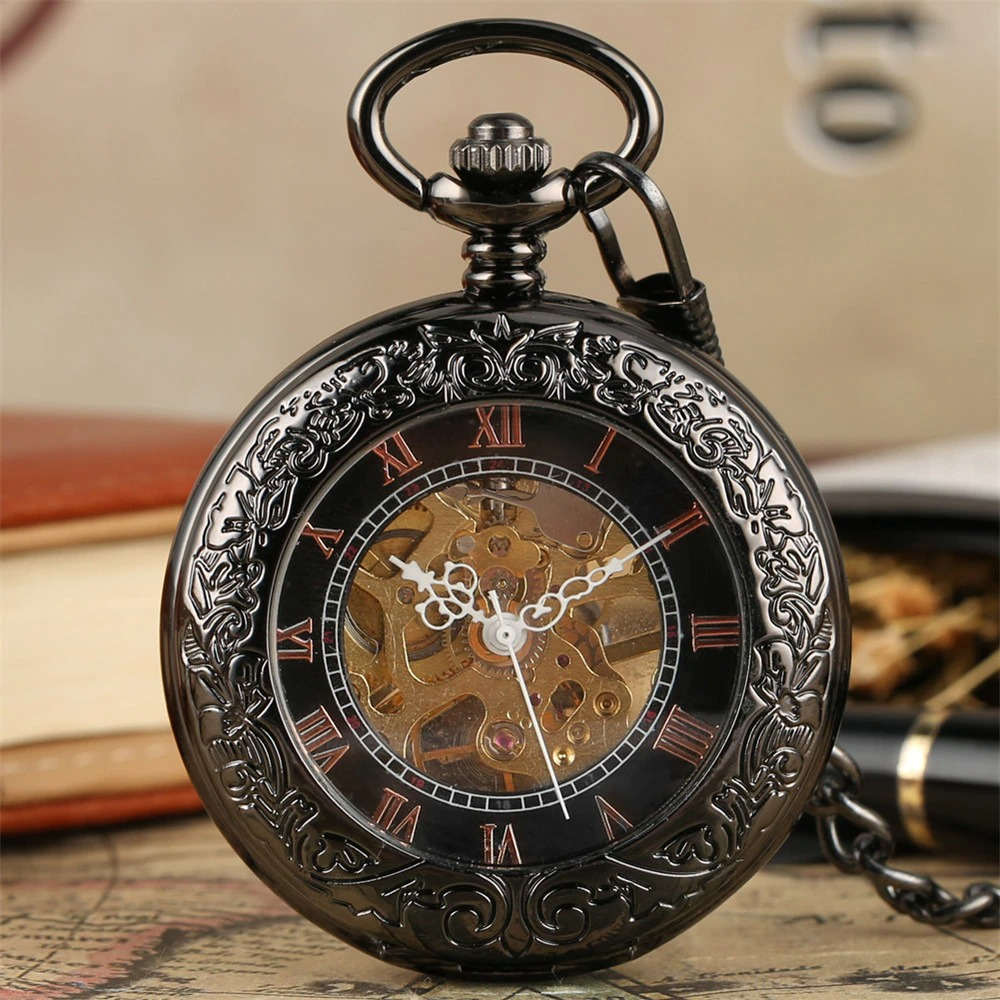 Antique black mechanical pocket watch with roman numerals and intricate design, perfect for gifting and stylish accessorizing.