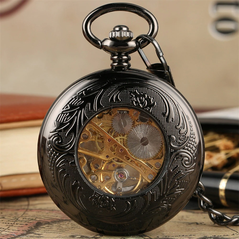 Antique Black Mechanical Pocket Watch / Elegant Waches with Roman Numerals on Display - HARD'N'HEAVY