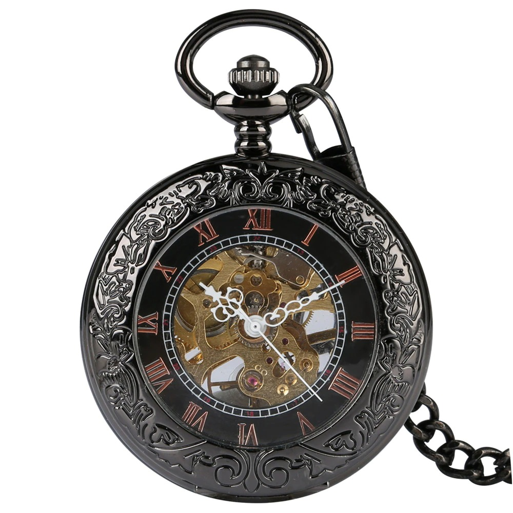 Antique black mechanical pocket watch with Roman numerals and ornate design, perfect for vintage enthusiasts.