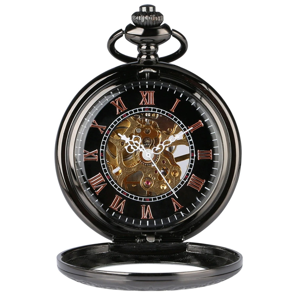 Antique black mechanical pocket watch with Roman numerals and retro silver fittings, a perfect gift for anyone.