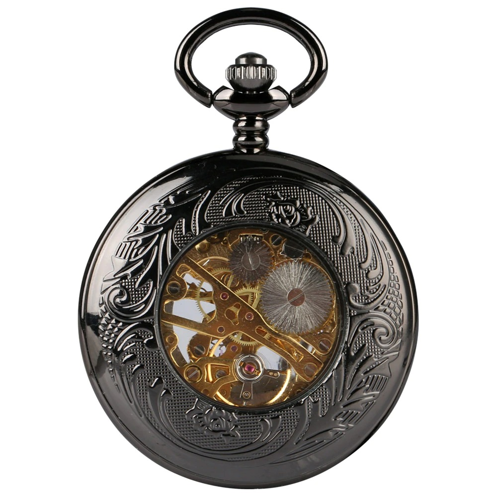 Antique black mechanical pocket watch showing intricate gold gears and elegant engraving, perfect gift for any occasion.