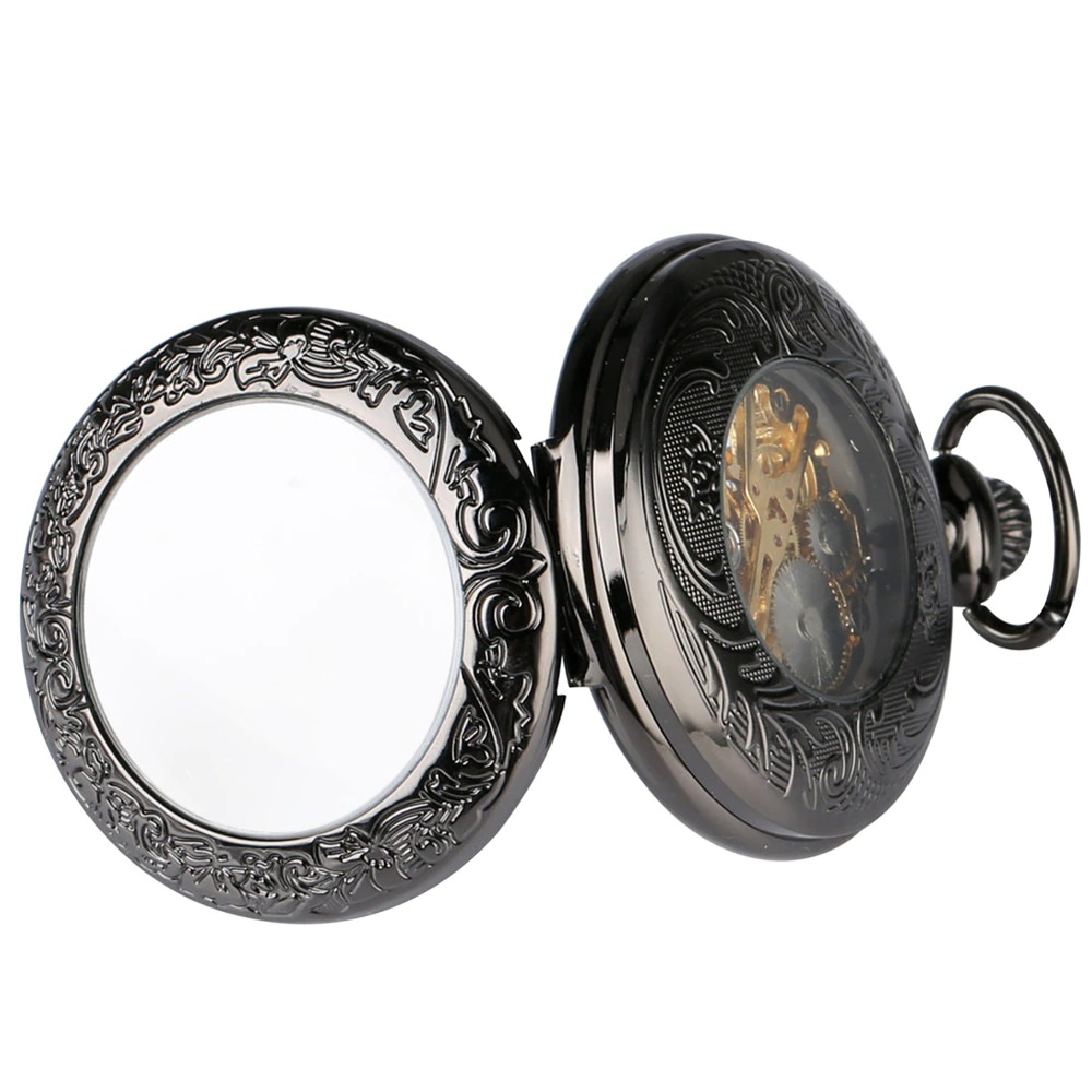 Antique black mechanical pocket watch with intricate design and silver fittings, showcasing Roman numerals and vintage craftsmanship.