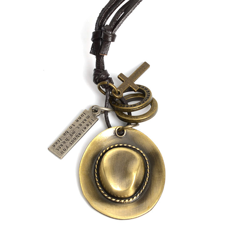 Antique cowboy hat pendant necklace with leather rope and crosses, perfect for Western fashion enthusiasts.