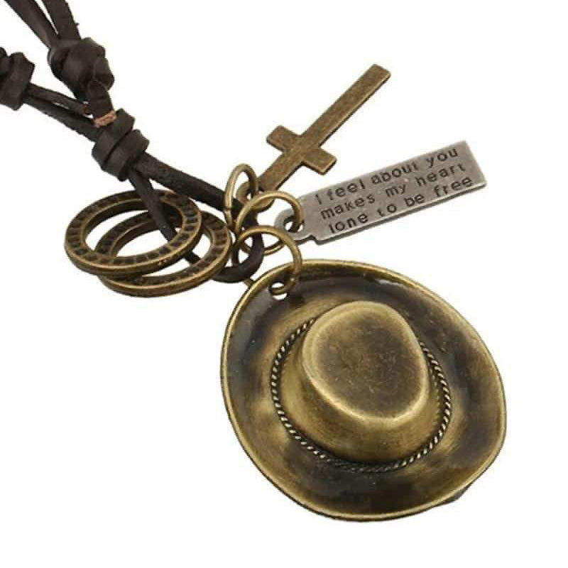 Antique cowboy hat pendant necklace with a cross and rings, perfect for Western style fashion.