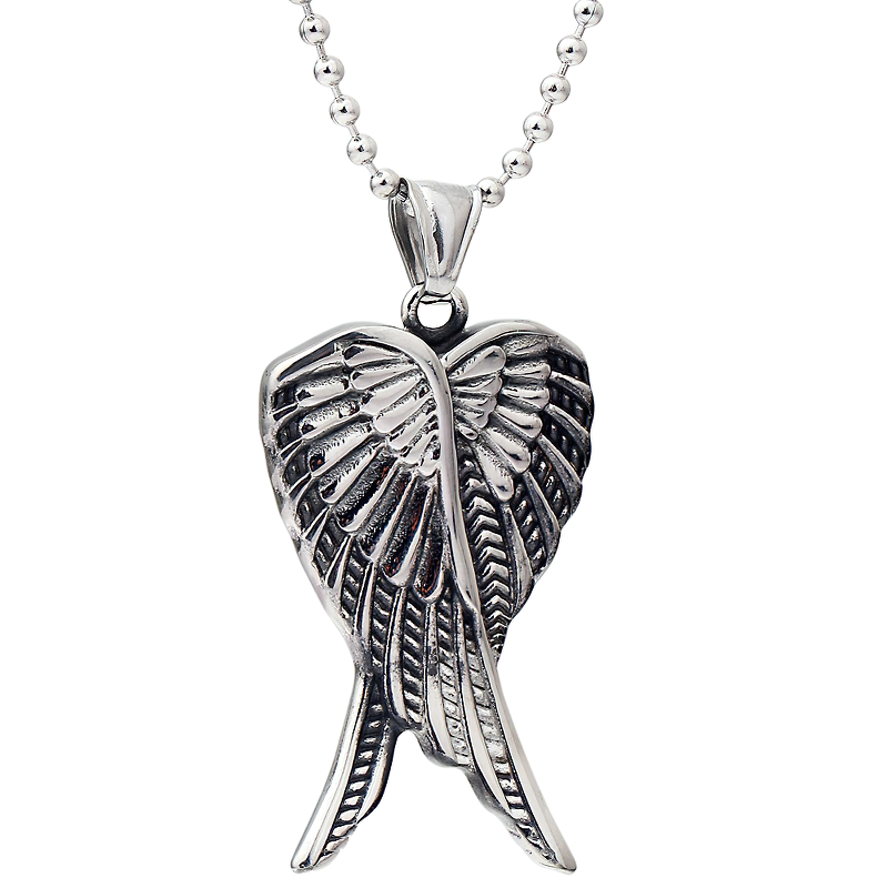 Antique overlap angel wings pendant necklace in stainless steel, perfect for punk rock style jewelry.