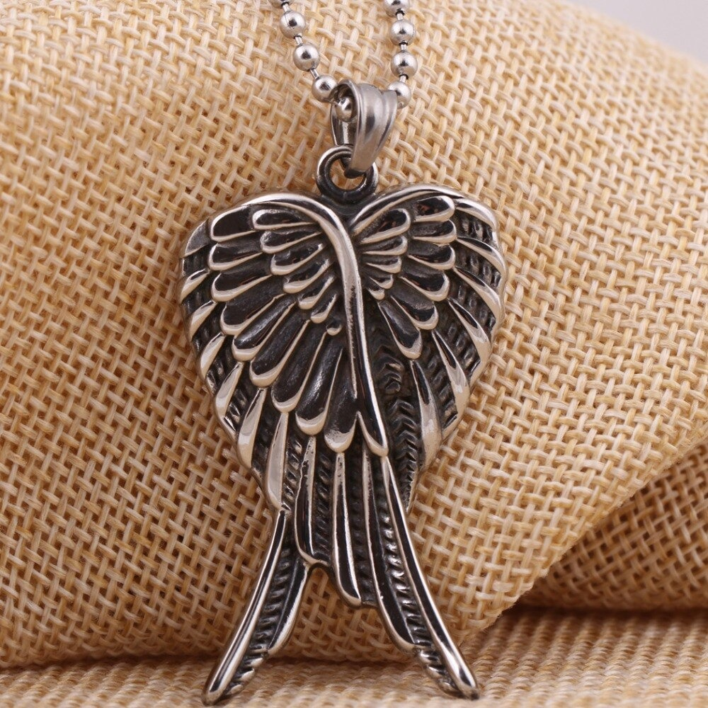 Antique overlap angel wings pendant necklace, stainless steel rock jewelry for edgy style.