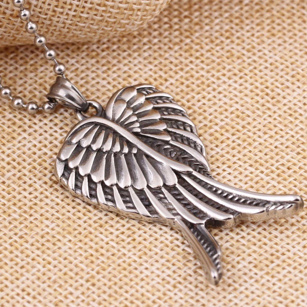 Antique design overlap angel wings pendant necklace in stainless steel, perfect for punk rock style jewelry.