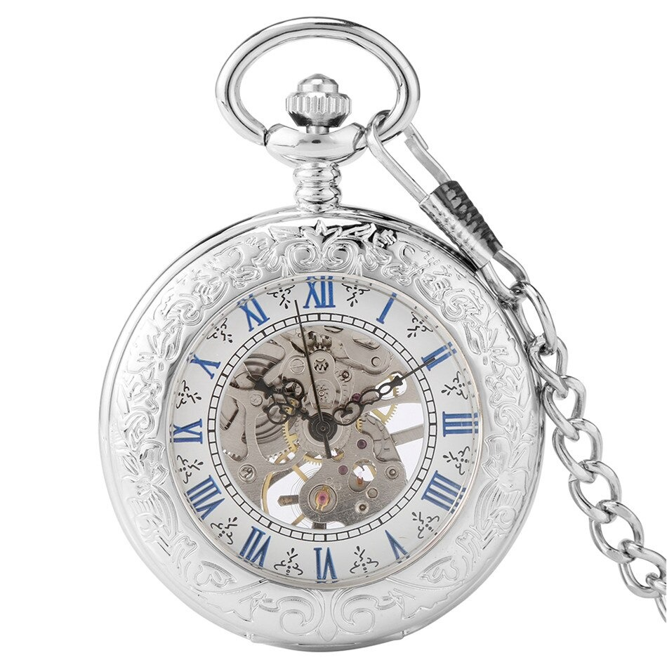 Antique mechanical pocket watch with blue Roman numerals, silver fittings, and intricate design, ideal gift for enthusiasts.