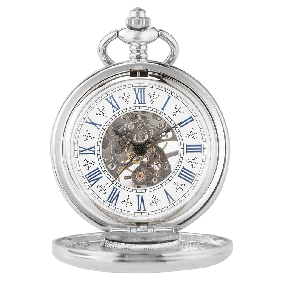 Antique Mechanical Hand Wind Pocket Watch / Exquisite Clock with Display of Blue Roman Numerals - HARD'N'HEAVY