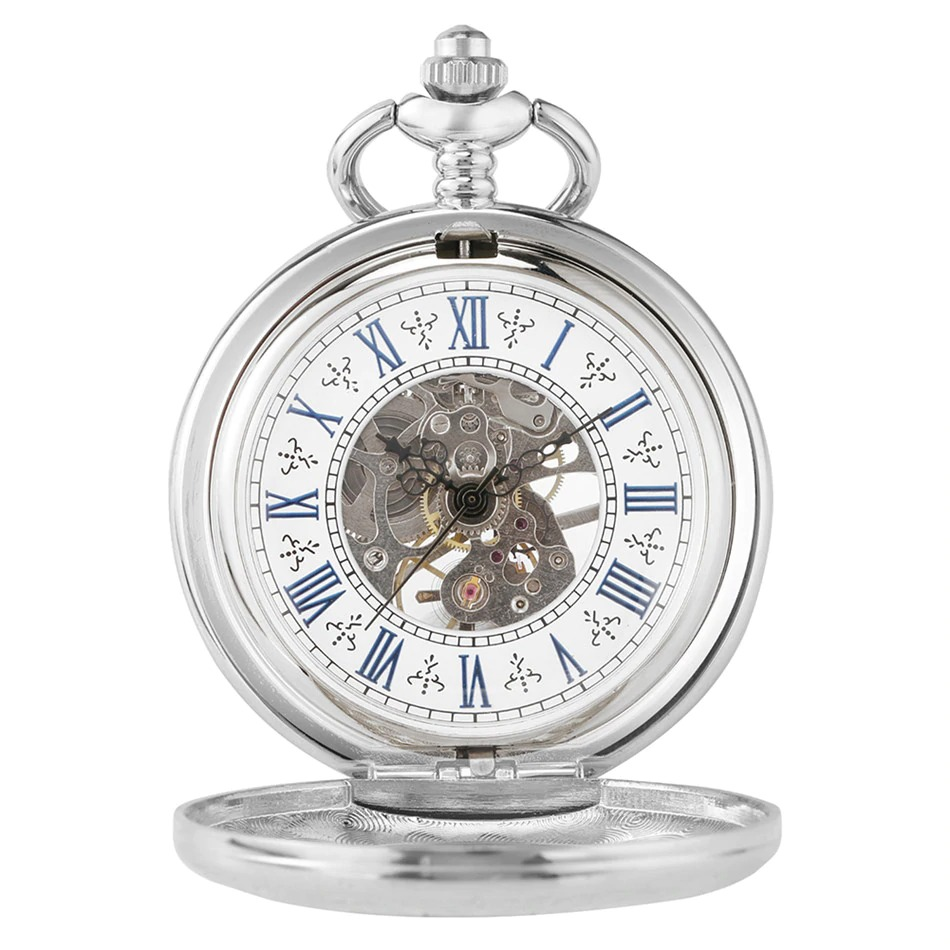 Antique mechanical hand wind pocket watch with blue Roman numerals and silver fittings, perfect for a stylish gift.