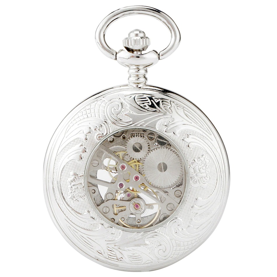 Antique mechanical pocket watch with intricate silver design and visible gears, perfect for stylish accessory lovers.
