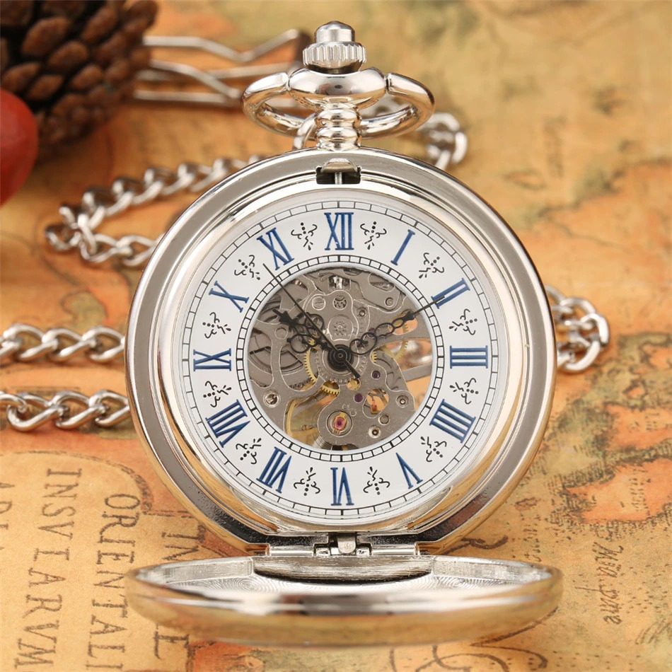 Antique mechanical hand wind pocket watch with blue Roman numerals and silver fittings, perfect for stylish gift giving.