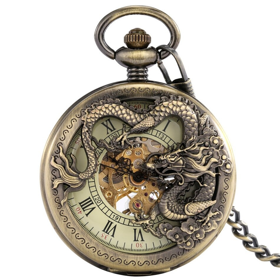 Antique mechanical pocket watch featuring a bronze dragon, Roman numerals, and intricate design for vintage enthusiasts.