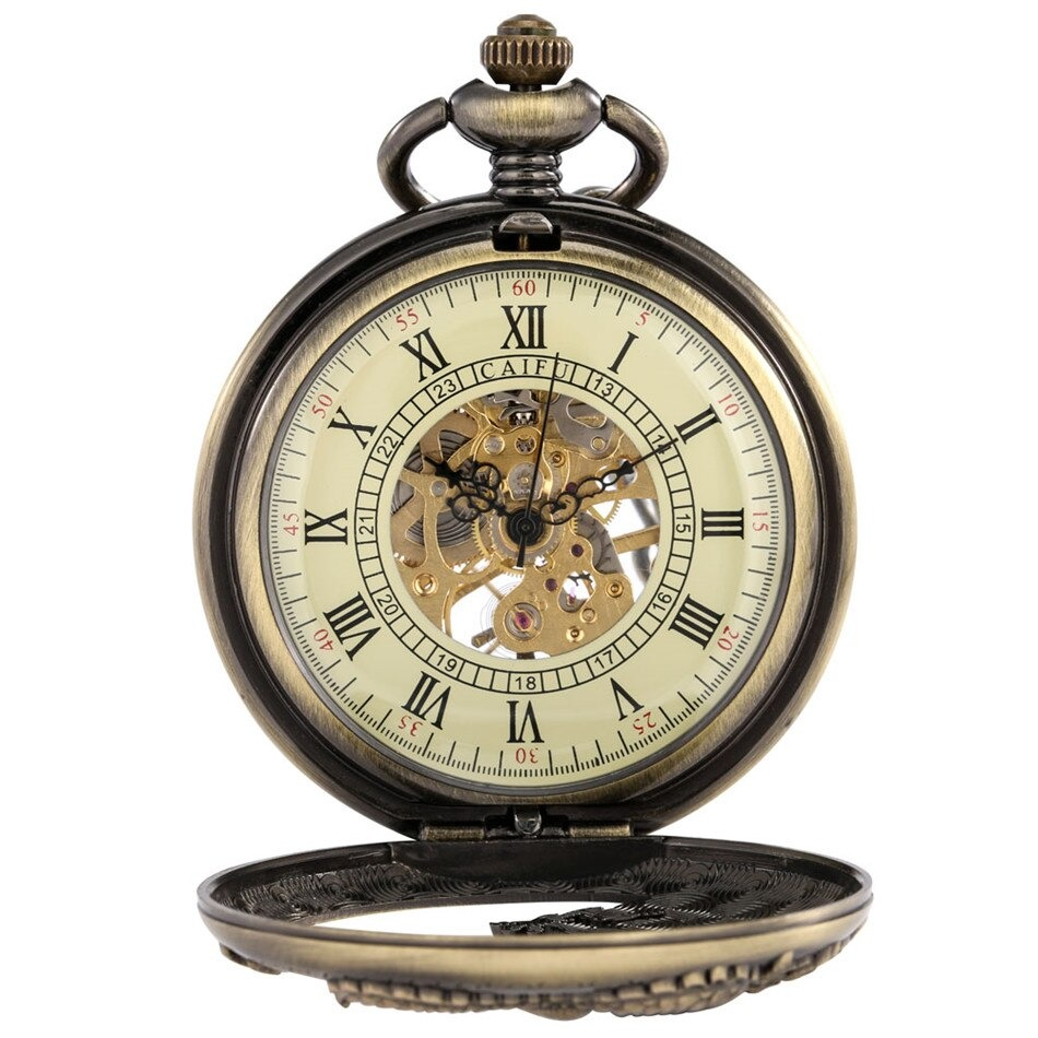 Antique mechanical pocket watch with bronze dragon, Roman numerals, and intricate gears visible.