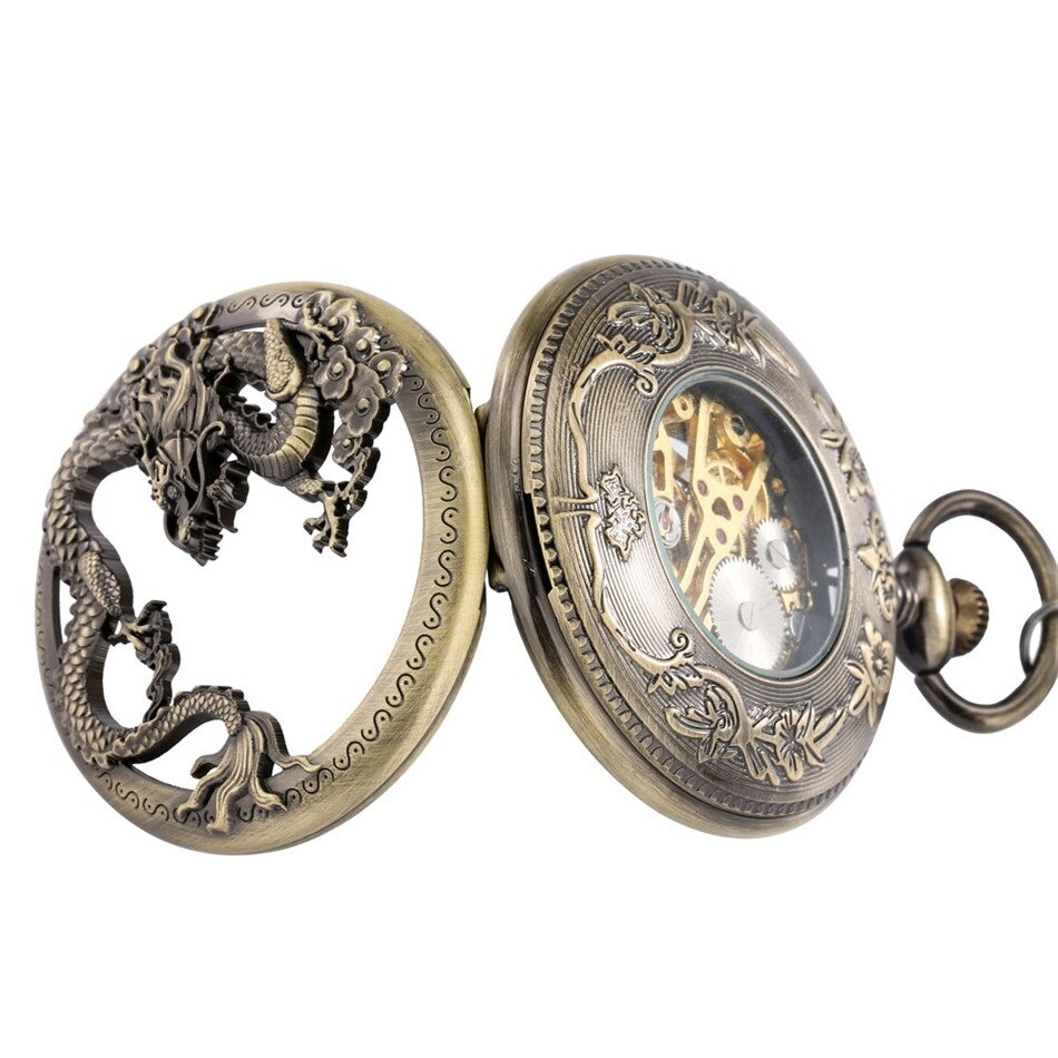 Antique mechanical pocket watch featuring a bronze dragon and intricate Roman numerals, perfect for vintage enthusiasts.