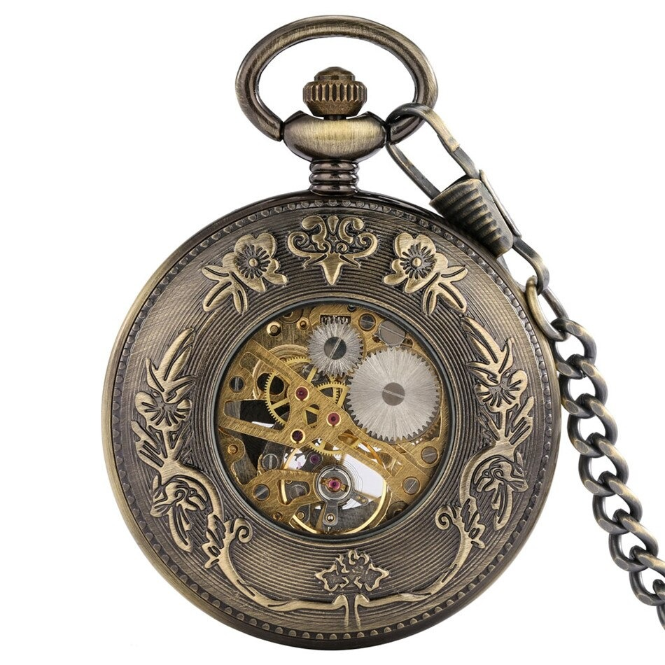 Antique mechanical pocket watch with intricate bronze design and visible gears, perfect for vintage accessory lovers.