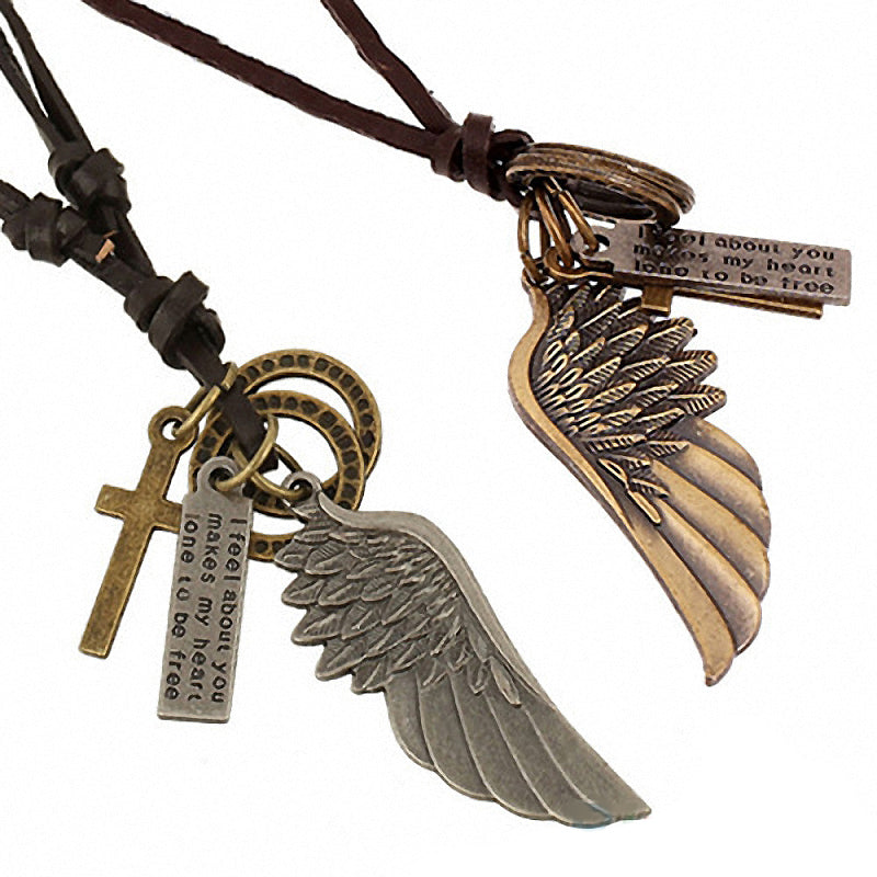 Antique vintage angel wing leather necklace with cross and text charms, trendy accessories for concert outfits.