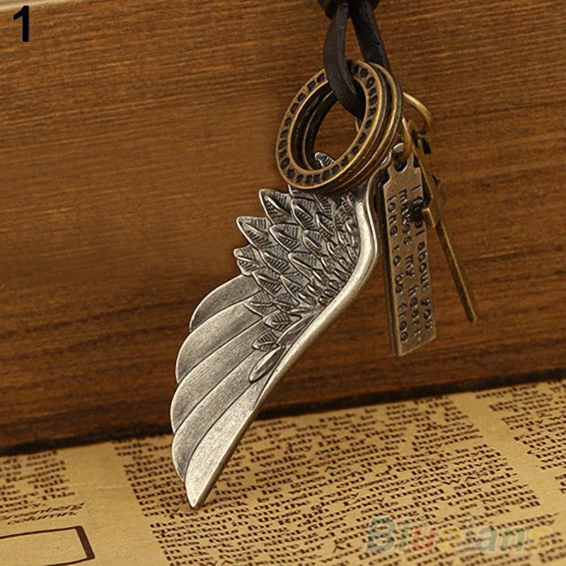 Antique vintage angel wing leather necklace with zinc alloy charms and pendants for trendy accessories.