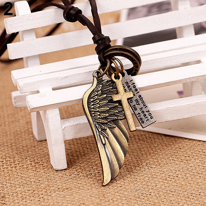 Antique vintage angel wing leather necklace with cross and text pendant, perfect for trendy styles and concerts.
