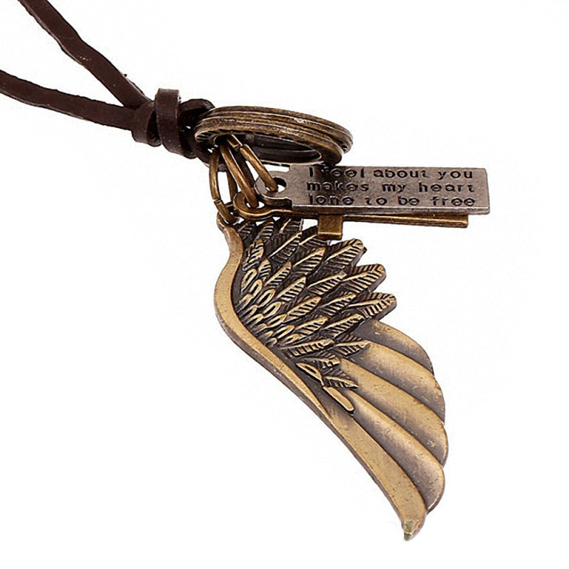 Antique vintage angel wing leather necklace with charms, perfect for trendy concert outfits and unique accessories.