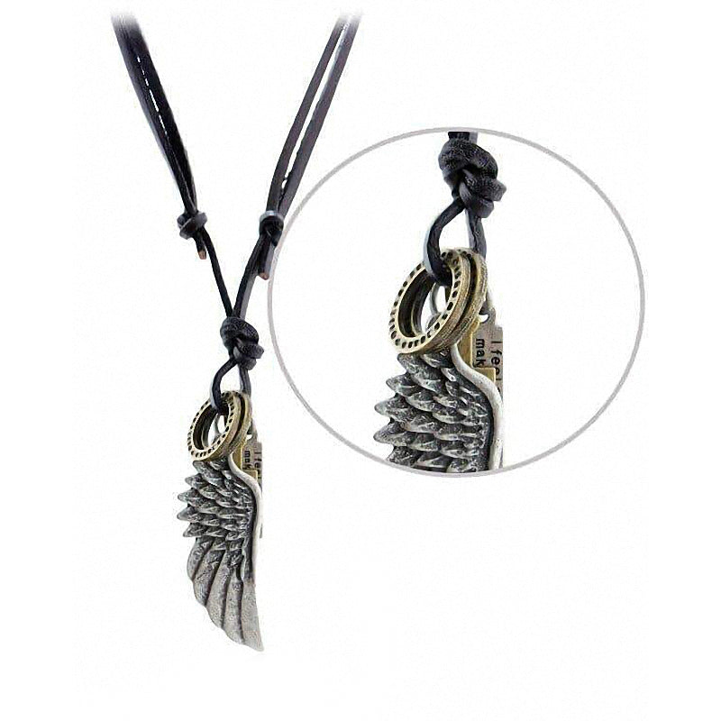 Antique vintage angel wing leather necklace with zinc alloy pendants, perfect for trendy outfits and concerts.