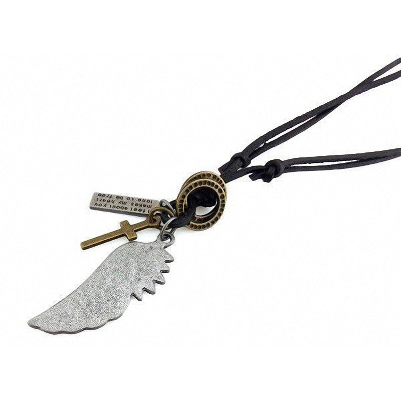 Antique vintage angel wing leather necklace with cross and charm pendants, perfect for concert outfits.