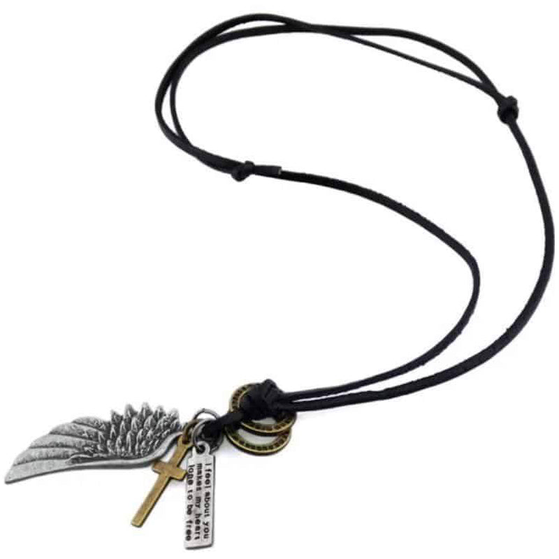 Antique vintage angel wing leather necklace with cross and text charms on a black cord for trendy outfits.