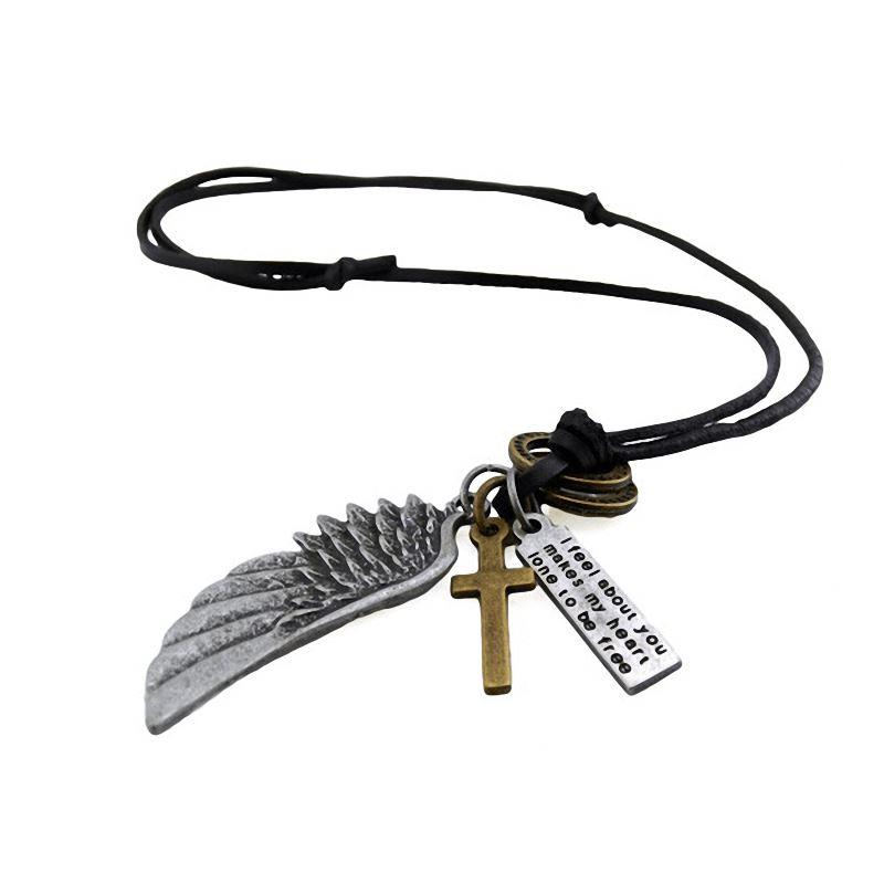 Antique vintage angel wing leather necklace with cross and text pendant, perfect accessory for concert outfits.