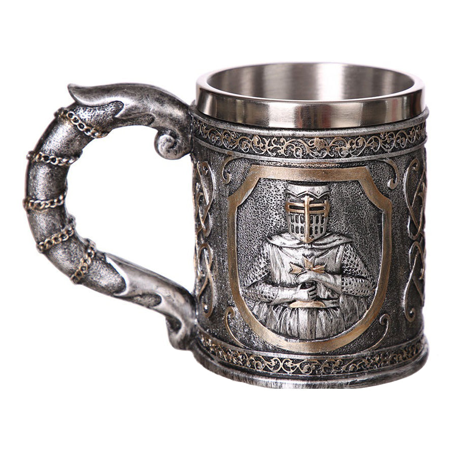 Vintage Viking beer mug crafted from resin and stainless steel, featuring a detailed knight design and ornate patterns.