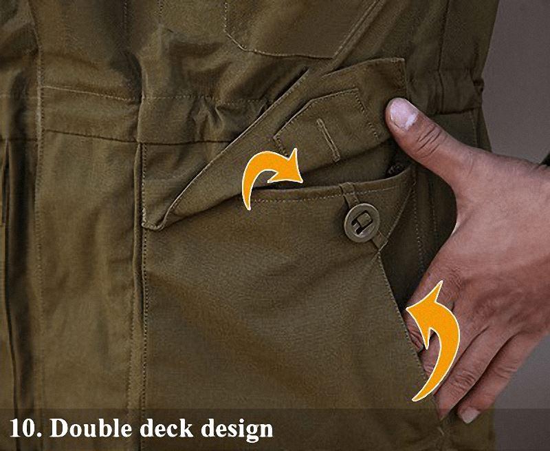 Close-up of military jacket showing double deck pocket design for enhanced storage and functionality.